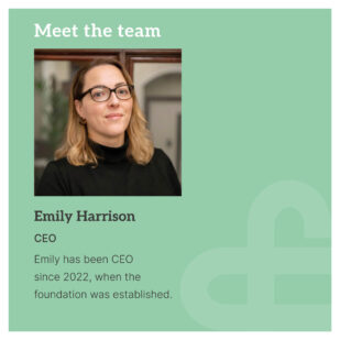 Image of our CEO Emily Harrison on a green background.