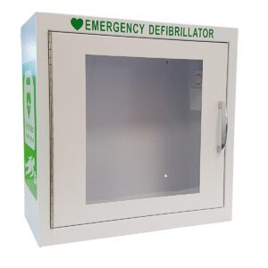 Automated external defibrillator indoor alarmed cabinet